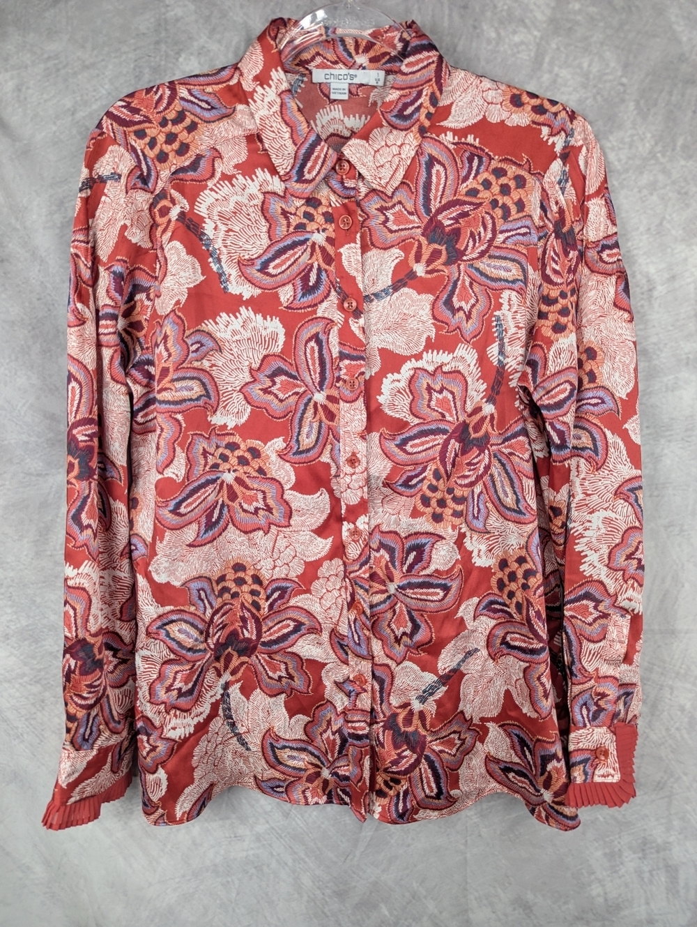 Chico's Floral Paisley Button Down Blouse Pleated Cuff Orange Multi Sz 1(8-10) - Picture 2 of 11